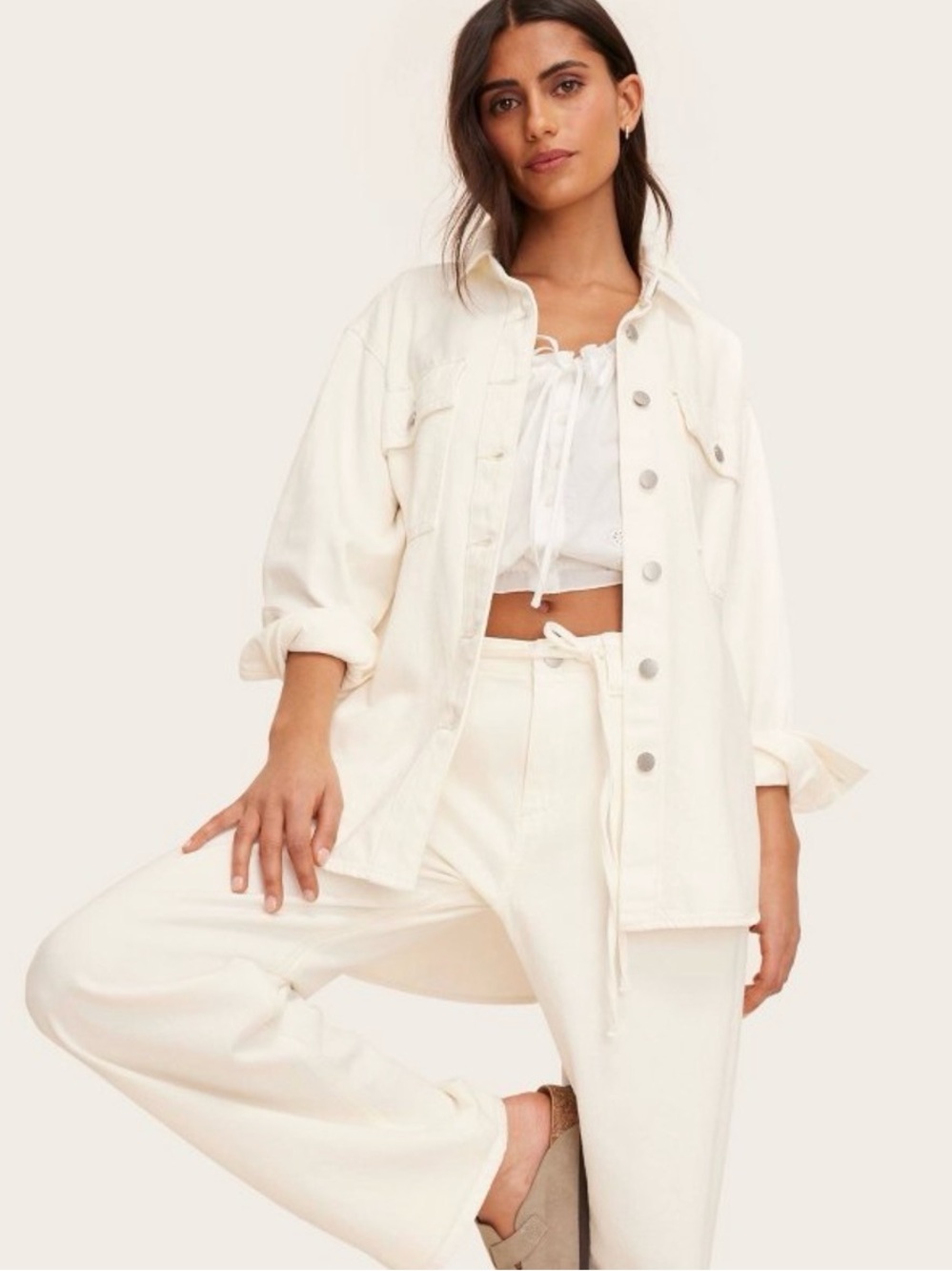 Women's Long Sleeve Denim Shacket - Parke x Target Cream NWT